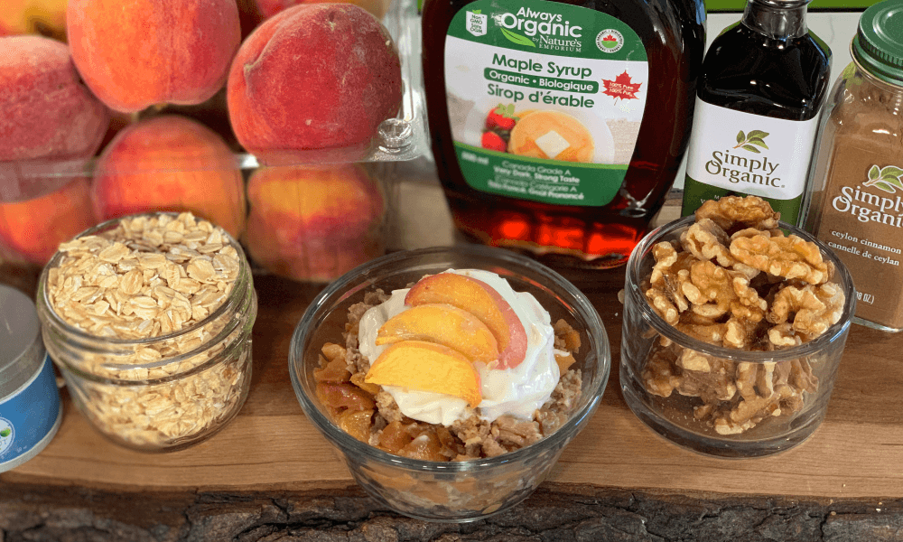 Peach Walnut Crumble made using organic ingredients