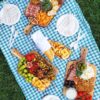 Charcuterie boards on a blue plaid picnic blanket with a grass background. Around the three boards are plates with compostable cutlery, and a plate that has a baguette and apple crisps on it.