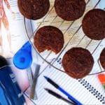 A top-down shot of Chocolate Zucchini Protein Muffins on a circular cooling rack on top of a table with stationery and school supplies on it.